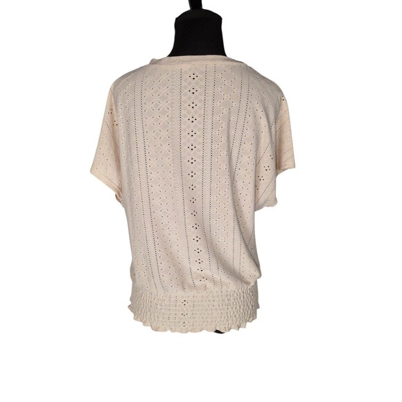 Blouse S Women's Beige Eyelet Banded Waist Short Sleeve Casual Easy to Wear - Picture 4 of 8
